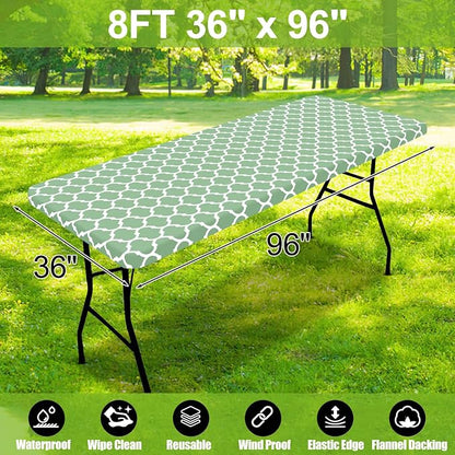 Smiry Picnic Fitted Table Cover, 8 Foot Flannel Backed Vinyl Tablecloth | Waterproof Elastic Stretch Table Cloth, Wipeable Plastic Tablecloth for Camping, Indoor & Outdoor (Sage Green, 36" x 96")