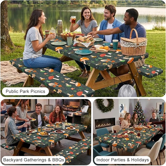 Picnic Table Cover with Bench Covers Windproof Waterproof Picnic Table Covers Camping Tablecloth with Self-Storage Bag, 72in, Black Red