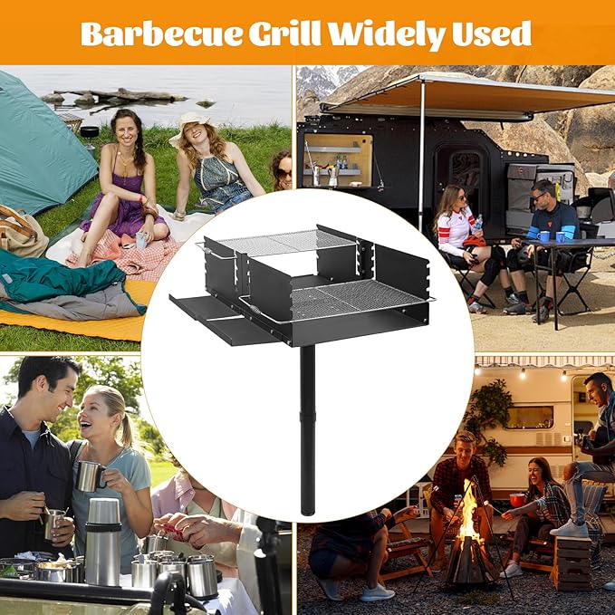 Park Style Charcoal BBQ Grill - Heavy Duty Steel Outdoor Grill with Stainless Steel Cooking Grate - Adjustable Height for Camping & Backyard