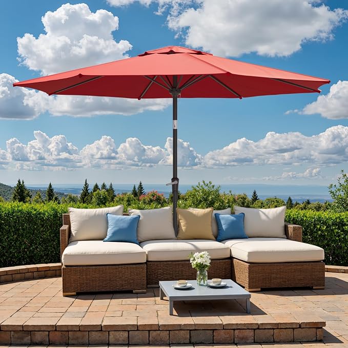 Outdoor Patio Umbrella, Table Umbrella with Push Button Tilt and Crank, 8 Ribs Market Umbrella