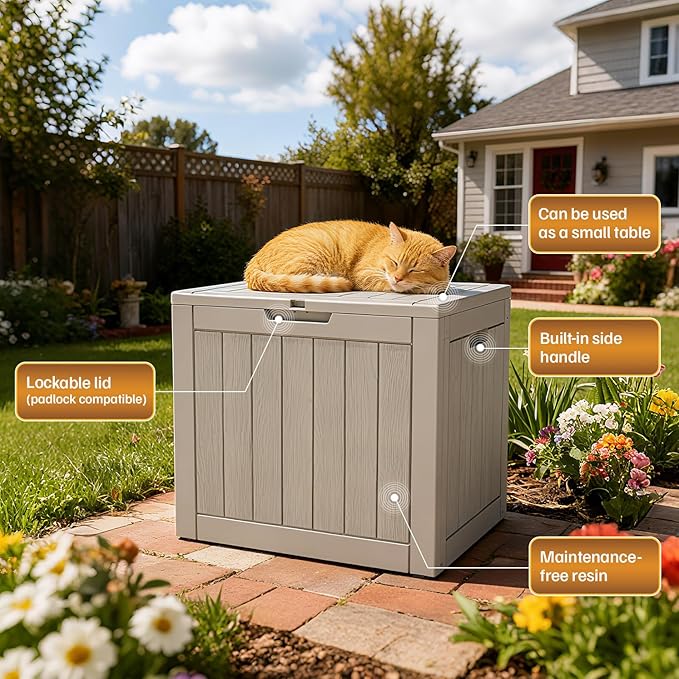 25 Gallon Outdoor Deck Box - Lockable Waterproof Storage Container, Resin Weatherproof Box for Patio Garden Furniture Pool Tools Cushions, Grey
