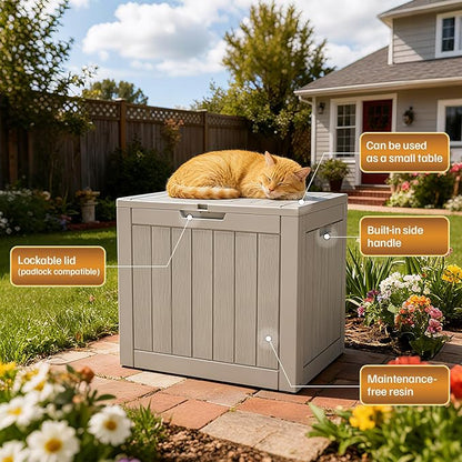 25 Gallon Outdoor Deck Box - Lockable Waterproof Storage Container, Resin Weatherproof Box for Patio Garden Furniture Pool Tools Cushions, Grey