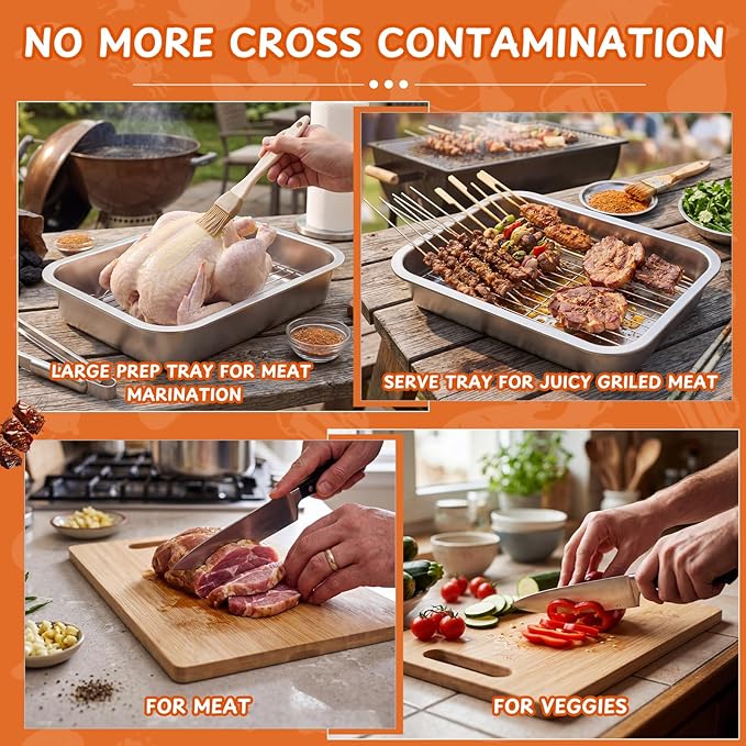 8-in-1 Stainless Steel Grill Prep Tray and Carry System with Meat Resting Bag, Bamboo Cutting Board, Rack, Pans & Lids - Outdoor BBQ Kit Grill Accessories for Cooking, Camping, Kitchen Prep(Medium)