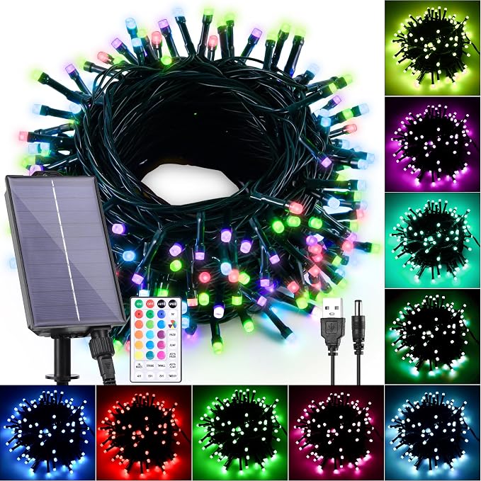Solar String Lights Outdoor Waterproof 40Ft Color Changing with Remote | 18 Colors 100 LED Christmas Light Solar Powered & USB, RGB Fairy Lighting for Outside Tree Fence Party Indoor Halloween Decor