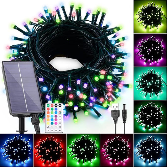 Solar String Lights Outdoor Waterproof 40Ft Color Changing with Remote | 18 Colors 100 LED Christmas Light Solar Powered & USB, RGB Fairy Lighting for Outside Tree Fence Party Indoor Halloween Decor