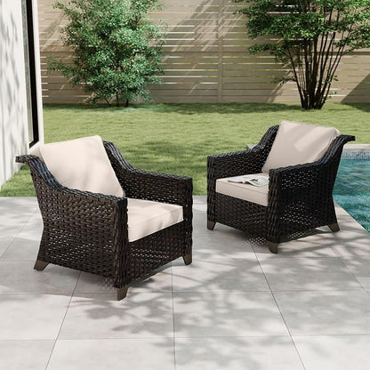 2 Piece Patio Furniture Set, Wicker Outdoor Conversation Set | Patio Chair Set with Olefin Removable Cushion, All-Weather Armchairs with Deep Seat for Porch, Deck and Backyard, Beige