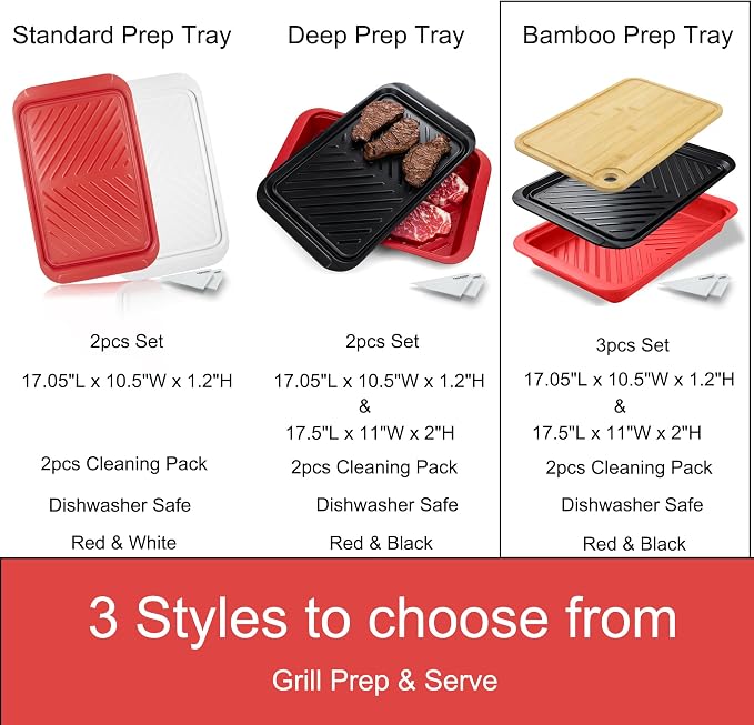 KAQAHIDO Grilling Bamboo Prep and Serving Tray, Dishwasher-Safe | BBQ Platter for Raw Meat Marinating and Finished Cooked Food, Melamine Serving Tray, Set of 2, Cleaning Pack Included