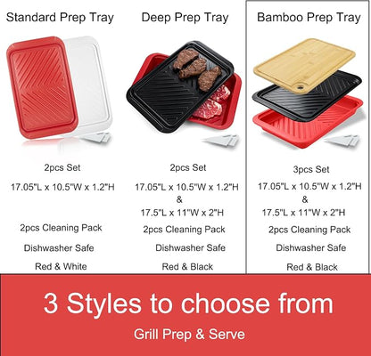KAQAHIDO Grilling Bamboo Prep and Serving Tray, Dishwasher-Safe | BBQ Platter for Raw Meat Marinating and Finished Cooked Food, Melamine Serving Tray, Set of 2, Cleaning Pack Included