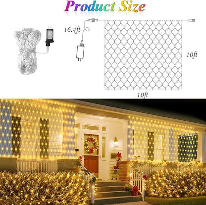 Lovelite 10ft x 10ft Net Lights, 280LED Gazebo Lights Outdoor 8 Modes Timer, Waterproof Connectable Christmas Light Clear Wire Large Size for Bushes Patio Pergolas Garden Holiday Party - Warm White