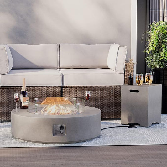 HOMPUS Outdoor Round Propane Fire Pit Table, 41''Fire Table w Wind Guard & 20lb Tank Cover Table, 50000 BTU Fire Pit w Free Waterproof Cover & Fire Stone for Patio, Garden, Grey