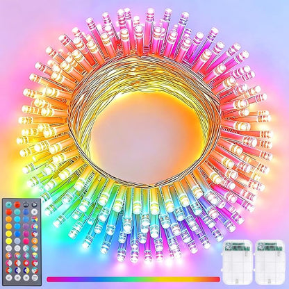 Pooqla 2 Pack Color Changing String Lights Battery Operated, Total 33.3ft 100 LED 34 Colors Battery Christmas Lights with Remote Indoor Outdoor Decorations Bedroom Classroom Porch Party Yard Decor