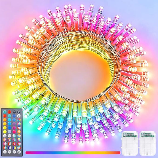 Pooqla 2 Pack Color Changing String Lights Battery Operated, Total 33.3ft 100 LED 34 Colors Battery Christmas Lights with Remote Indoor Outdoor Decorations Bedroom Classroom Porch Party Yard Decor