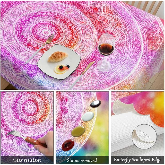 Swono 52x70 Inch Mandala Tablecloth Vintage Mandala Floral Rainbow Tie Dye Farmhouse Dining Table Cloth Anti-Stain Talking Table Cover for Kitchen Dinning Room Coffee Store