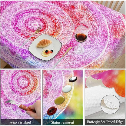 Swono 52x70 Inch Mandala Tablecloth Vintage Mandala Floral Rainbow Tie Dye Farmhouse Dining Table Cloth Anti-Stain Talking Table Cover for Kitchen Dinning Room Coffee Store