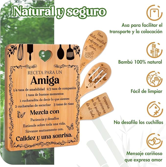 Regalos de cumpleaños para Amiga - "Receta para una Amiga especial". Juego de tablas de cortar y utensilios de bambú grabados. Regalos de cumpleaños para Amiga. Spanish Friend Cutting Board