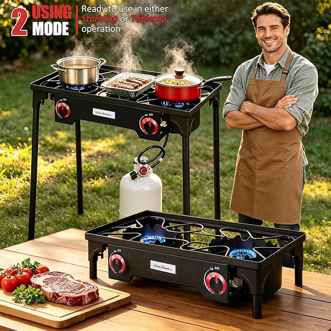 VIVICREATE Propane Grill 2 Burner Outdoor Propane Stove Portable Gas Grill High Pressure Camping Stove Double Burner Cooker for Camping Backyard BBQ Outdoor Cooking