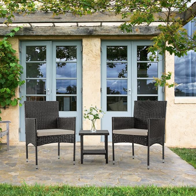 FDW | 3-Piece Patio Furniture Set | Black | Outdoor Wicker Furniture with Coffee Table | Modern Rattan Chairs Conversation Set | Outdoor Seating | Weather-Resistant | for Porch, Garden, Lawn