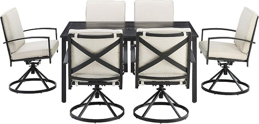 Crosley Furniture Kaplan 7-Piece Outdoor Dining Set for 6, Patio Table and Chairs for Backyard, Deck, Oiled Bronze with Oatmeal Cushions