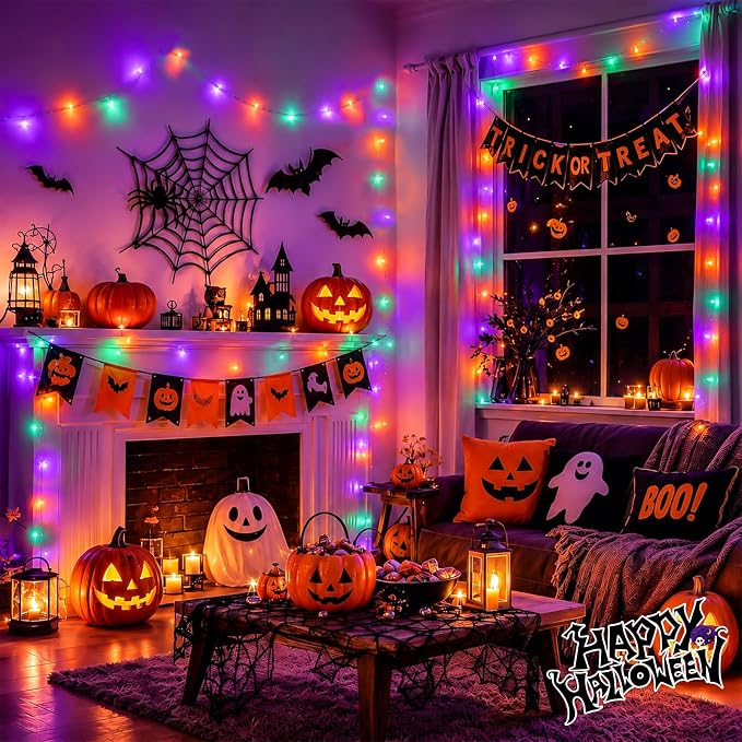 YEGUO 165ft 500 LED Halloween String Lights, Clear Wire Christmas String Lights Indoor, 8 Modes Twinkle Tree Lights Plug in with Timer Memory(Orange Purple and Green)