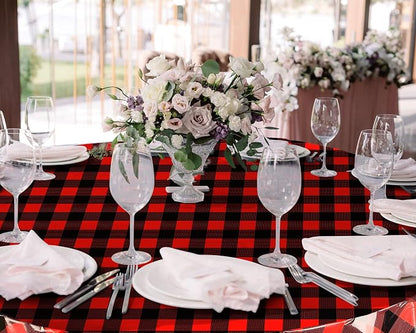 Christmas Disposable Checkered Tablecloth Round Plastic Buffalo Plaid Table Cloth 84'' Gingham Tablecover for Picnic Camping BBQ Graduation Party(Red and Black,6 Pieces)