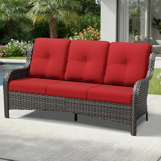 Joyside Outdoor Patio Couch, 3 Seater Outdoor Wicker Sofa with High Back, Deep Seating, Wide Armrest, Thickened Cushions, Patio Sofa for Deck, Porch Use
