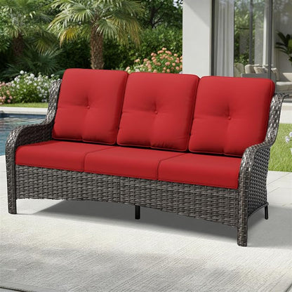 Joyside Outdoor Patio Couch, 3 Seater Outdoor Wicker Sofa with High Back, Deep Seating, Wide Armrest, Thickened Cushions, Patio Sofa for Deck, Porch Use