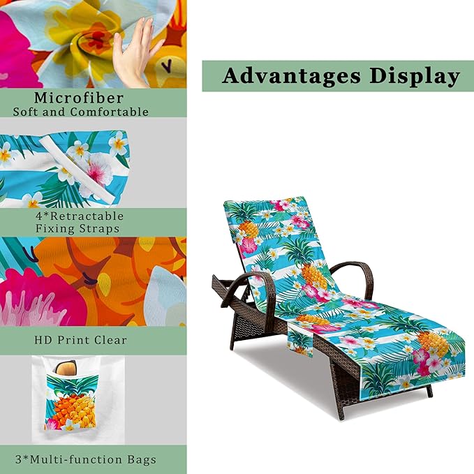 Beach Chair Cover with Side Pockets (1Pc), Thick and Quick Dry Lounge Chair Towel Cover for Sun Lounger Pool Sunbathing Garden Beach Hotel, No Sliding, Pineapple Theme