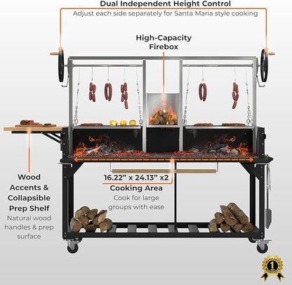 KoolMore 92 in. Charcoal and Wood BBQ Grill, Santa Maria Argentine Style Grill with Dual Adjustable Grate, Heavy Duty, in Black
