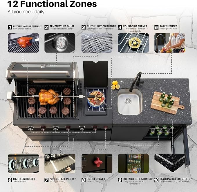 RIGO Premium Black 6 Burner Outdoor Kitchen Island Grill,84 Inch 75300 BTU 304 Stainless Steel Dual Fuel BBQ Grill with Sink,Fridge & Black Granite Countertop for Backyard Patio Commercial Cooking