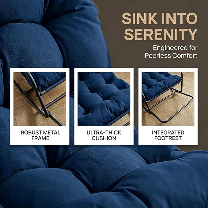 Outdoor Rocking Chairs, Metal Frame Outdoor Rocker with Footrest, Comfy Oversized Patio Chair with Thick Cushion, Reading Glider Lounge Chair for Living Room, Bedroom, Garden, Relax, Navy Blue
