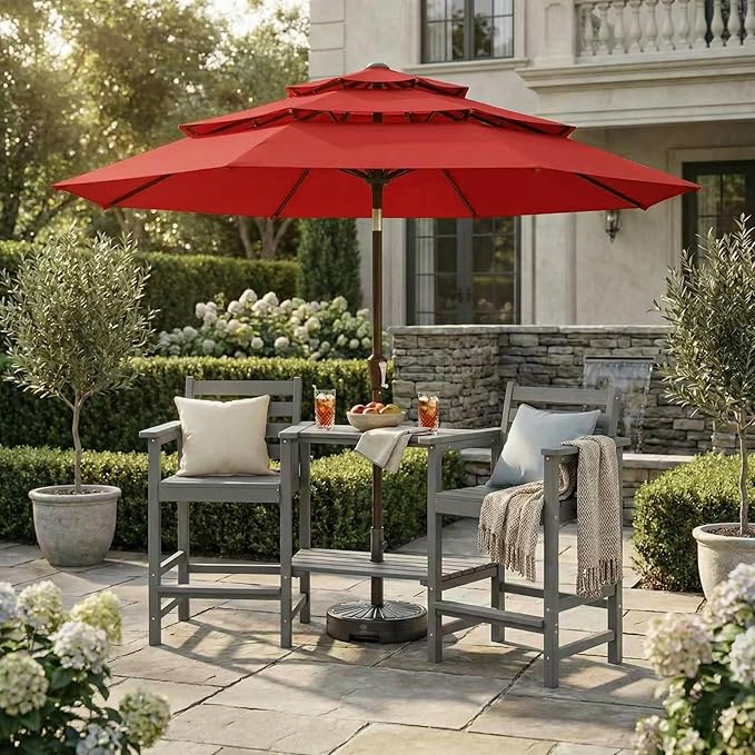 Kingdura 9ft 3-Tier Patio Umbrella, Outdoor Table Umbrella with Easy Crank & Tilt, 8 Reinforced Ribs, UV Protection for Deck, Pool, Market, Backyard (Red)