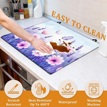 Purple Flowers Stove Top Covers for Electric Stove,Spring Floral Butterfly Glass Top Stove Cover, Heat Resistant Range Covers for Electric Stove,Washable Countertop Mat, 28 x 20 Inch