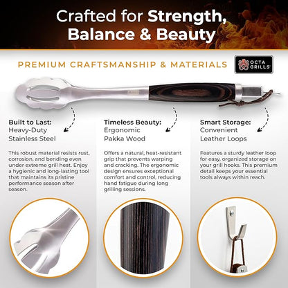 3-Piece BBQ Utensil Set – Premium Stainless Steel Grill Tools with Extra Wide Spatula - Black Pakka Wood Handles & Leather Hanging Loops (Spatula, Tongs & Fork)