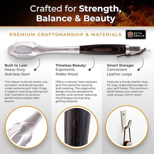 3-Piece BBQ Utensil Set – Premium Stainless Steel Grill Tools with Extra Wide Spatula - Black Pakka Wood Handles & Leather Hanging Loops (Spatula, Tongs & Fork)