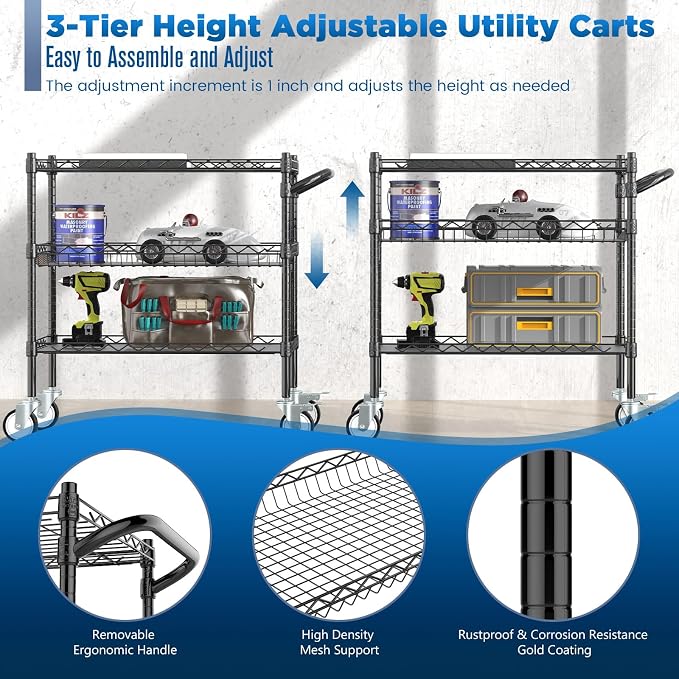 3 Tier Rolling Carts with Wheels, Heavy Duty Rolling Utility Cart | NSF Commercial Grade Metal Cart with Handle&Shelf Liner,Trolley Serving Cart for Kitchen,Restaurant,Plant Display,Black