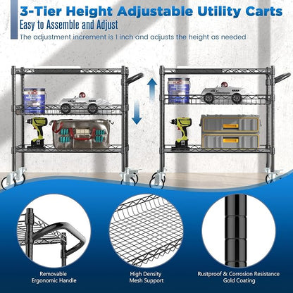 3 Tier Rolling Carts with Wheels, Heavy Duty Rolling Utility Cart | NSF Commercial Grade Metal Cart with Handle&Shelf Liner,Trolley Serving Cart for Kitchen,Restaurant,Plant Display,Black