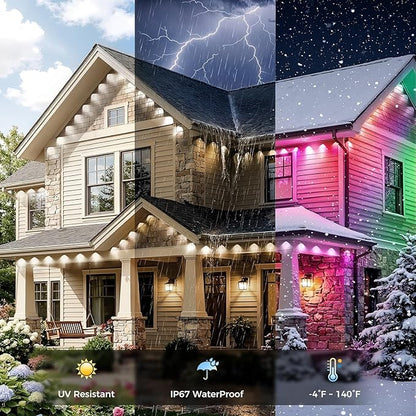 CDN House's Permanent Outdoor Lights, 100FT RGB+IC Outdoor Decor, 111 Scene Modes, 60 LED Lights with Smart APP & Remote Control, IP65 Waterproof, String Lights for Christmas Decorations