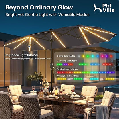 PHI VILLA 13ft Patio Umbrella w/ 120 PCS Color Changing Solar Lights, Navy | Outdoor Triple-Head Large Rectangle/Rectangular Solar-powered Market Table Umbrellas, w/ Crank Lift, for Poolside(No base)