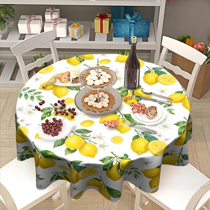 Sweetshow Yellow Lemon Table Cloth Round Fruit Tree Branches Leaves Flowers Bloom Bright Summer Tablecloth 60 Inch Decor Washable Stain and Wrinkle Spring Round Table Cover for Dining Picnic