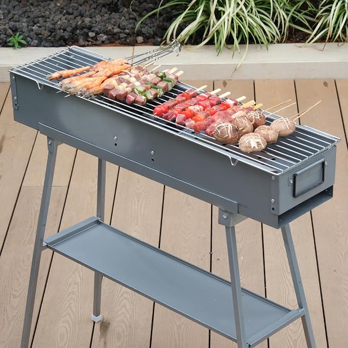 31.5’’ Portable Charcoal Grill Folding BBQ Grill for Outdoor Grilling Cooking Camping Hiking Picnics Tailgating Backpacking Party, With Excellent Ventilation Design, Matte Sliver
