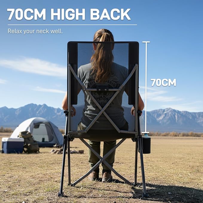 EVER ADVANCED Teslin Reclining Camping Chairs for Adult Lightweight, Portable Compact Folding Chair with Adjustable Back, 4-Level Recliner Chairs, Lawn Chair for Patio Balcony, Supports 300lbs, Black