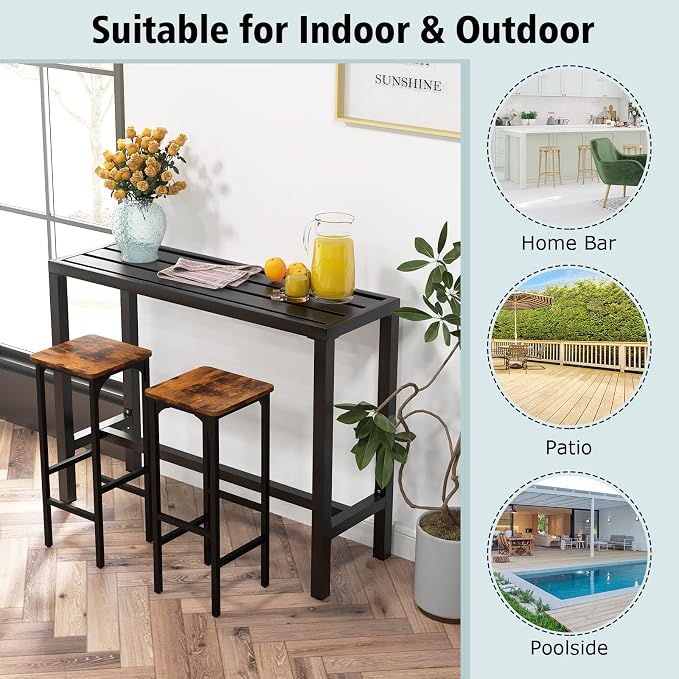 COSTWAY Outdoor Bar Table 48-inch Wide, Narrow Counter Height Dining Table with Waterproof Top and Heavy-Duty Metal Frame, Rectangular Pub Table for Hot Tub Garden Patio Backyard Poolside, Black | with Waterproof Top and Heavy-Duty Metal Frame, Rectang...