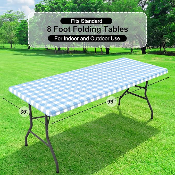 Buffalo Rectangle Picnic Tablecloth, 8 Foot Elastic Fitted Vinyl Table Cloth with Flannel Backing, Waterproof Plaid Table Covers for Dining, Camping, Outdoor (Baby Blue and White, 30" x 96")