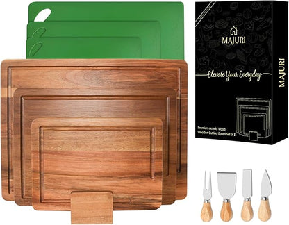 Acacia wood Cutting Board – 11 PCS set, Extra large wood cutting boards with holder, Deep Juice Grooves, Halloween Charcuterie Board, Cutting boards non toxic for kitchen, Ideal Gift for Birthday