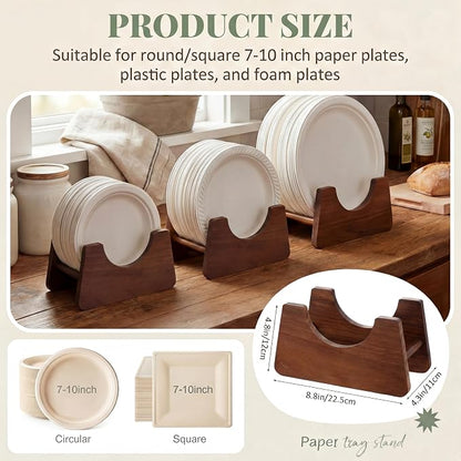 LemonRoad 3 Pack Acacia Wood Paper Plate Holder, Plate Dispenser for 7-12 Inch Plates, Space Saving Kitchen & Rv Organizer for Countertop, Pantry, Buffet, Outdoor Party & Camping Storage Rack