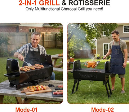 BRANDMAN GRILLS SINCE 1987 2 in 1 Portable Charcoal BBQ Rotisserie Grill with Motorized Kit 21 Inch Folding BBQ Grill 3 Level Height Lightweight for Backyard Outdoor Camping