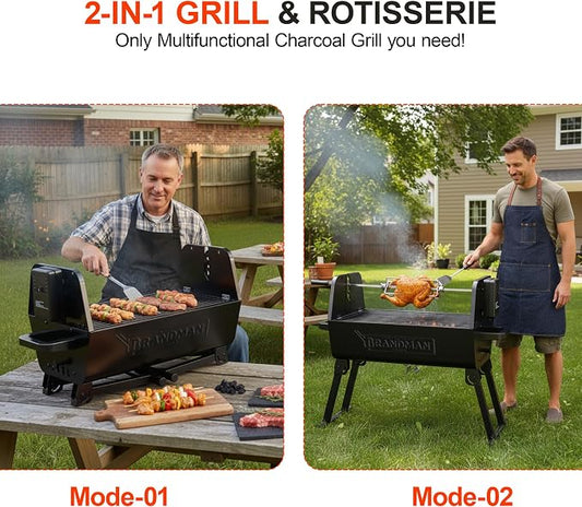 BRANDMAN GRILLS SINCE 1987 2 in 1 Portable Charcoal BBQ Rotisserie Grill with Motorized Kit 21 Inch Folding BBQ Grill 3 Level Height Lightweight for Backyard Outdoor Camping