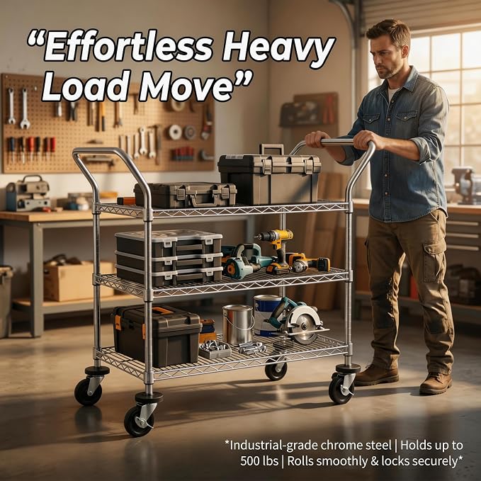 Finnhomy 3-Tier Commercial Grade Rolling Cart, Heavy Duty Utility Cart with Wheels and Handles, Metal Kitchen Carts on Wheels with 500 lbs Capacity, Shelf Size 20" D x 36" W, NSF