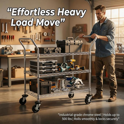 Finnhomy 3-Tier Commercial Grade Rolling Cart, Heavy Duty Utility Cart with Wheels and Handles, Metal Kitchen Carts on Wheels with 500 lbs Capacity, Shelf Size 20" D x 36" W, NSF