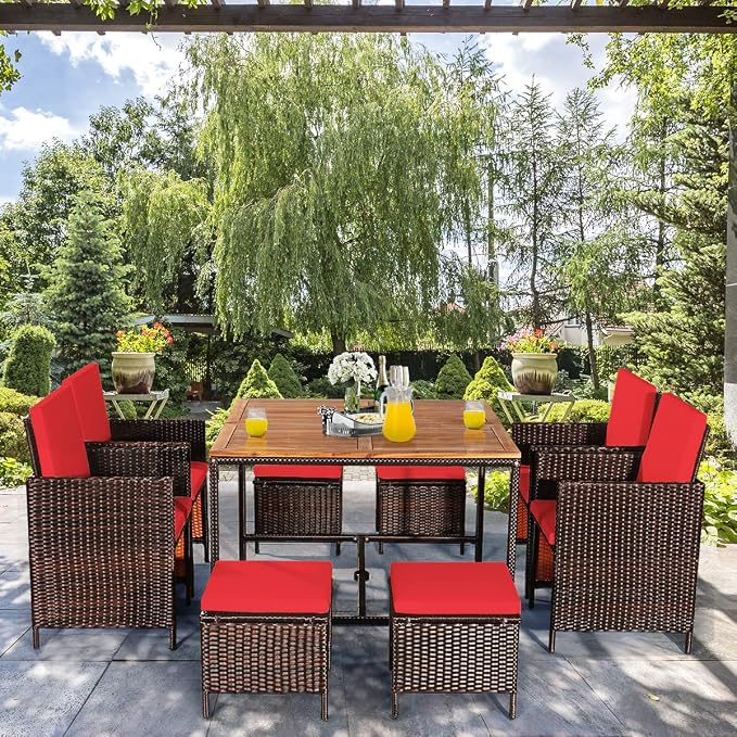 Tangkula 9 Pieces Acacia Wood Patio Dining Set, Space Saving Wicker Chairs and Wood Table with Umbrella Hole Outdoor Furniture Set, Suitable for Garden, Yard, Poolside, Outdoor Seating Set